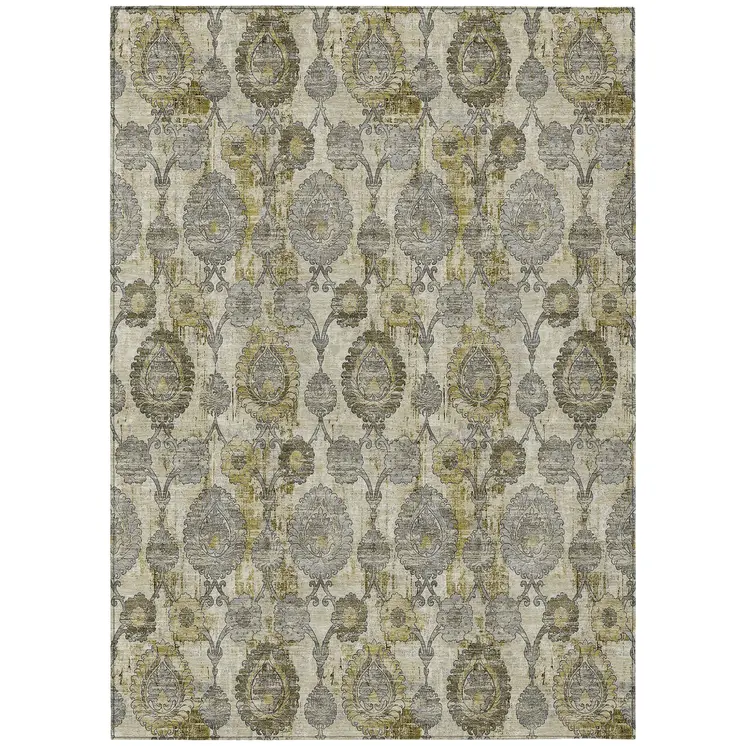 5' X 8' Khaki Beige And Gold Damask Washable Indoor Outdoor Area Rug