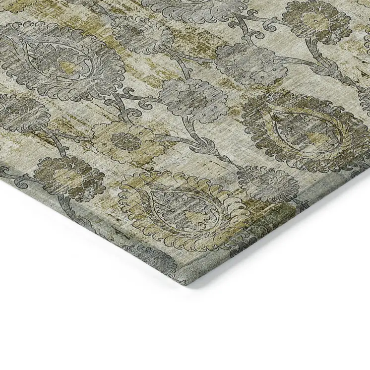 5' X 8' Khaki Beige And Gold Damask Washable Indoor Outdoor Area Rug