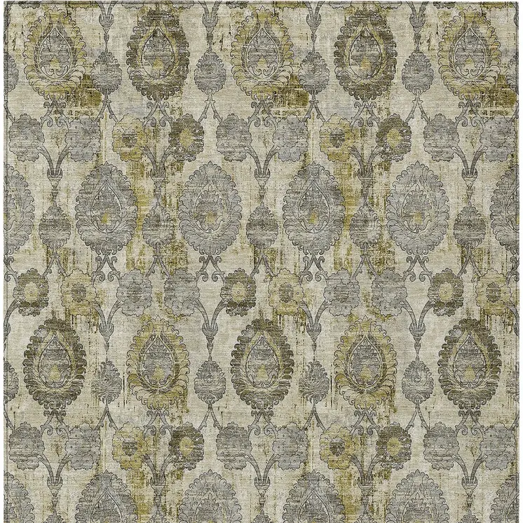 5' X 8' Khaki Beige And Gold Damask Washable Indoor Outdoor Area Rug