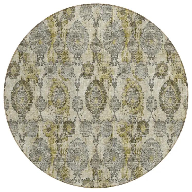8' Khaki Beige And Gold Round Damask Washable Indoor Outdoor Area Rug