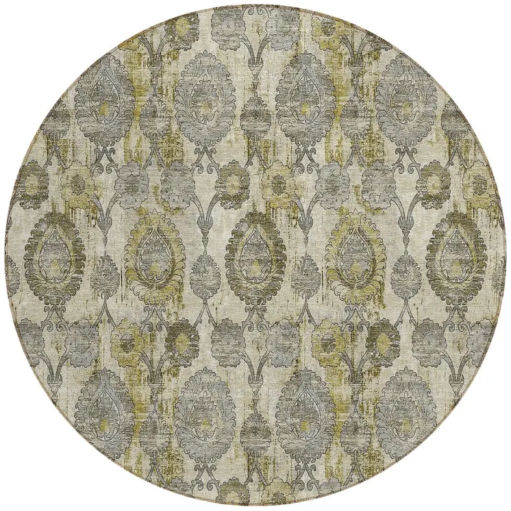8' Khaki Beige And Gold Round Damask Washable Indoor Outdoor Area Rug