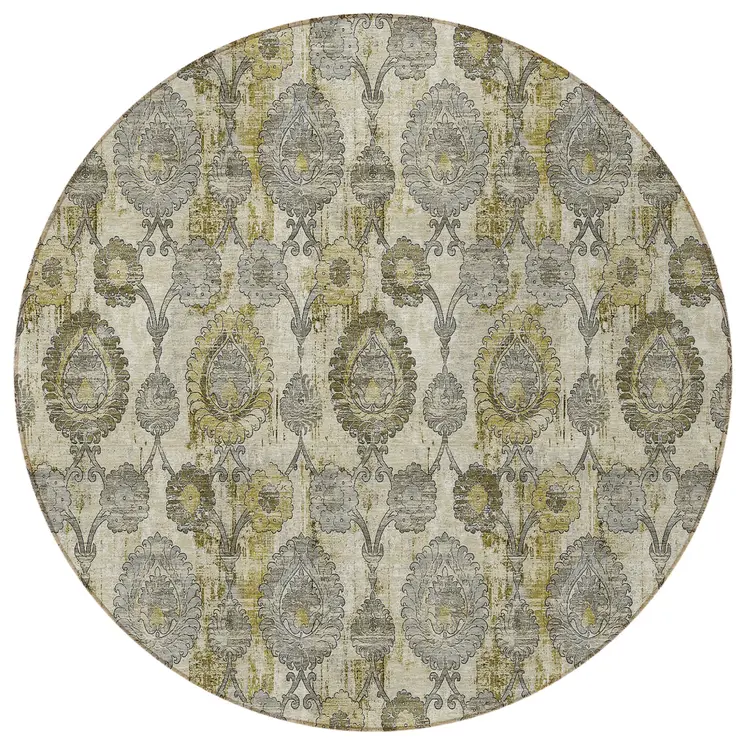 8' Khaki Beige And Gold Round Damask Washable Indoor Outdoor Area Rug