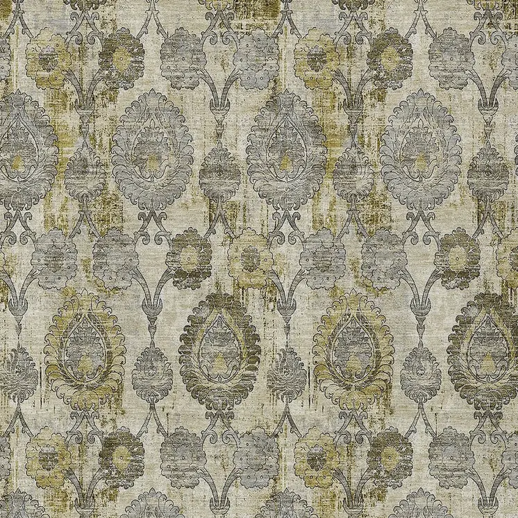 8' X 10' Khaki Beige And Gold Damask Washable Indoor Outdoor Area Rug