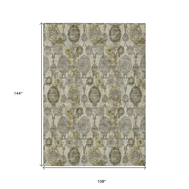 9' X 12' Khaki Beige And Gold Damask Washable Indoor Outdoor Area Rug