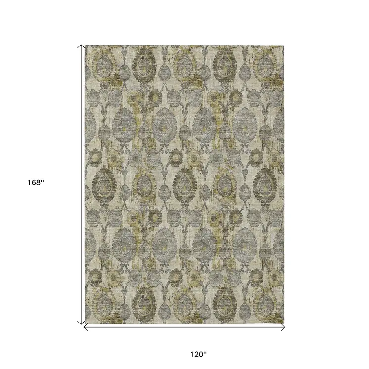 10' X 14' Khaki Beige And Gold Damask Washable Indoor Outdoor Area Rug
