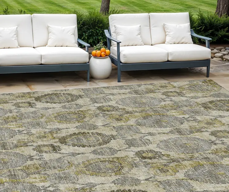 10' X 14' Khaki Beige And Gold Damask Washable Indoor Outdoor Area Rug