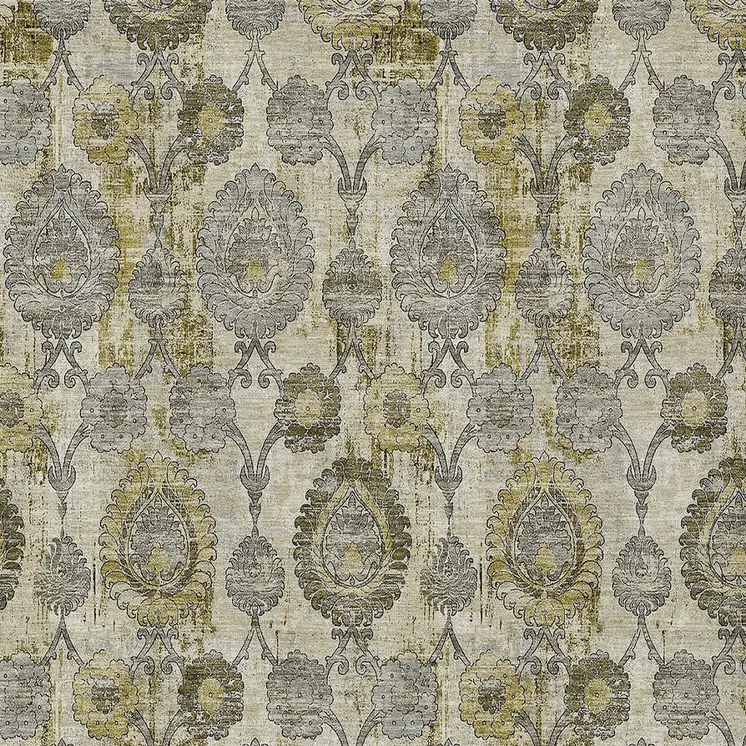10' X 14' Khaki Beige And Gold Damask Washable Indoor Outdoor Area Rug
