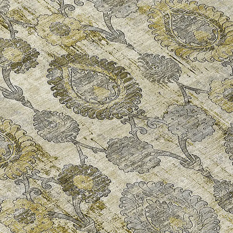 10' X 14' Khaki Beige And Gold Damask Washable Indoor Outdoor Area Rug