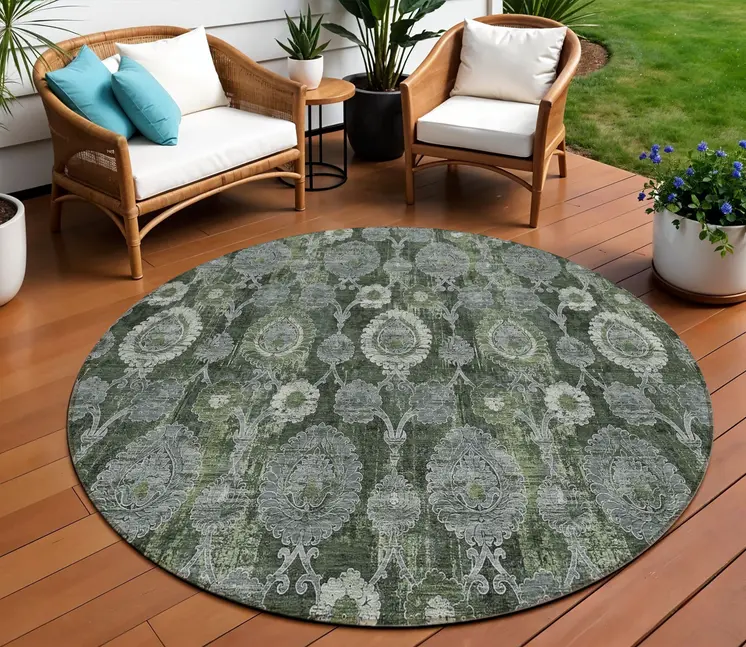 5' X 8' Navy Blue And Denim Blue Damask Washable Indoor Outdoor Area Rug