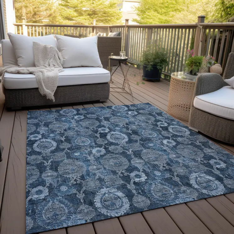 5' X 8' Navy Blue And Denim Blue Damask Washable Indoor Outdoor Area Rug