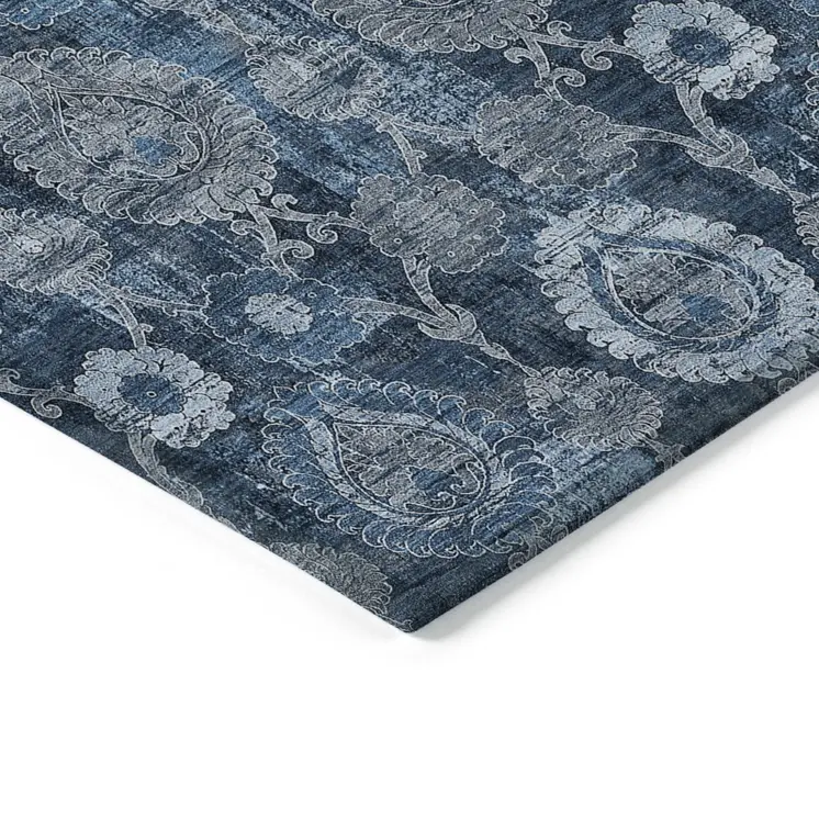 5' X 8' Navy Blue And Denim Blue Damask Washable Indoor Outdoor Area Rug