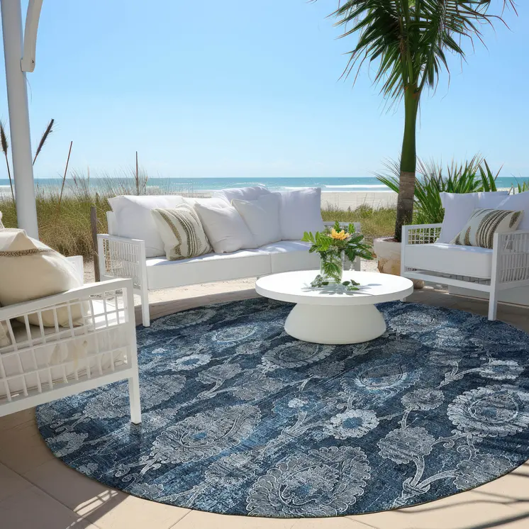 8' Navy Blue And Denim Blue Round Damask Washable Indoor Outdoor Area Rug