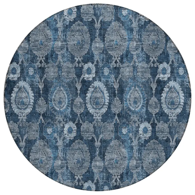 8' Navy Blue And Denim Blue Round Damask Washable Indoor Outdoor Area Rug