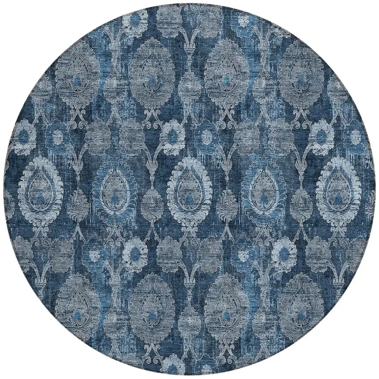 8' Navy Blue And Denim Blue Round Damask Washable Indoor Outdoor Area Rug