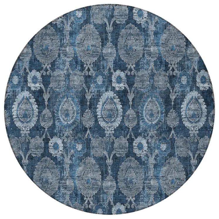 8' Navy Blue And Denim Blue Round Damask Washable Indoor Outdoor Area Rug