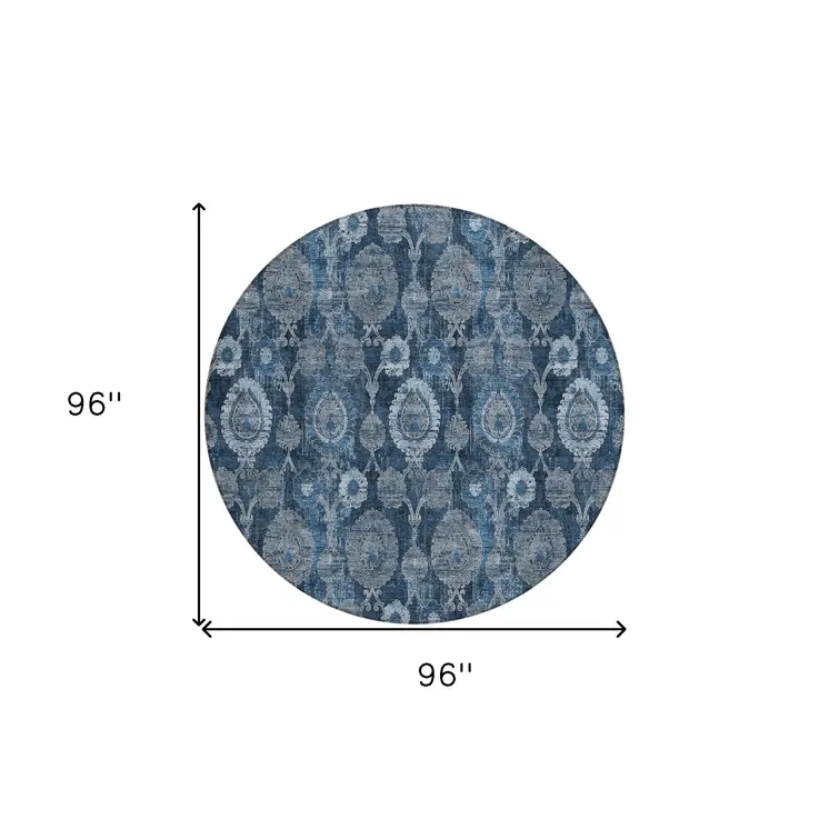 8' Navy Blue And Denim Blue Round Damask Washable Indoor Outdoor Area Rug