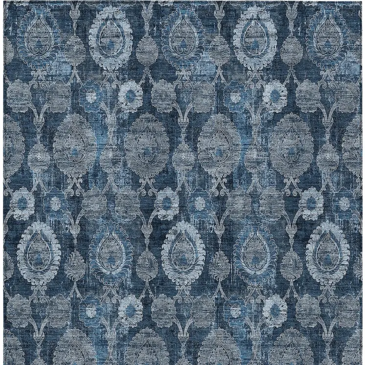 10' X 14' Navy Blue And Denim Blue Damask Washable Indoor Outdoor Area Rug