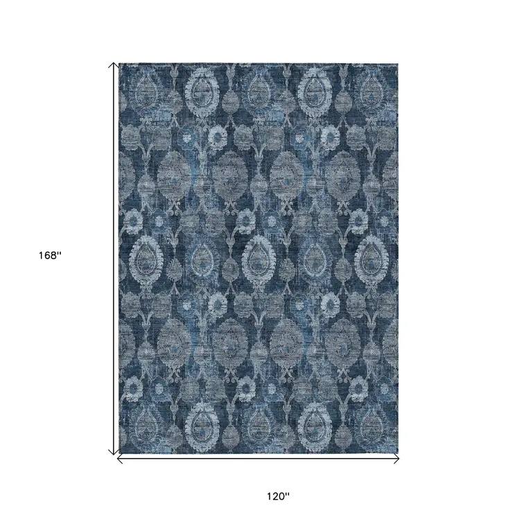 10' X 14' Navy Blue And Denim Blue Damask Washable Indoor Outdoor Area Rug