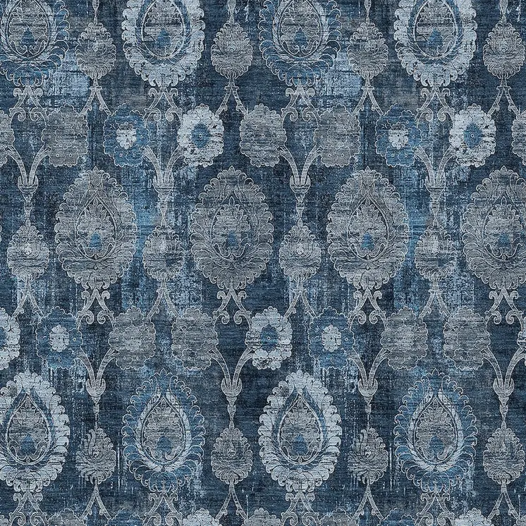 10' X 14' Navy Blue And Denim Blue Damask Washable Indoor Outdoor Area Rug