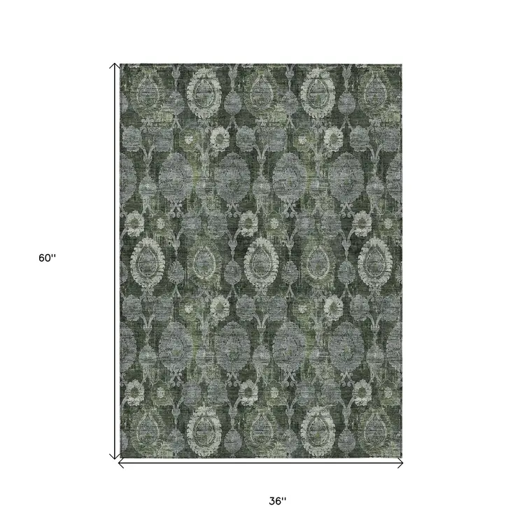 3' X 5' Olive Green And Fern Green Damask Washable Indoor Outdoor Area Rug