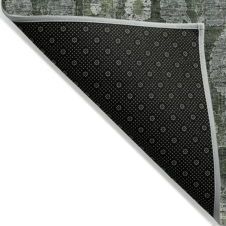 3' X 5' Olive Green And Fern Green Damask Washable Indoor Outdoor Area Rug