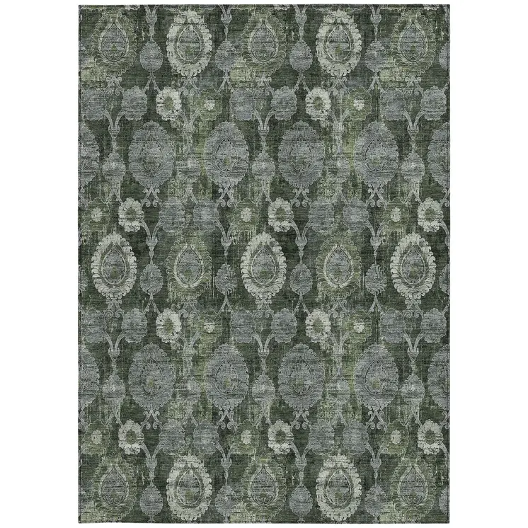 3' X 5' Olive Green And Fern Green Damask Washable Indoor Outdoor Area Rug