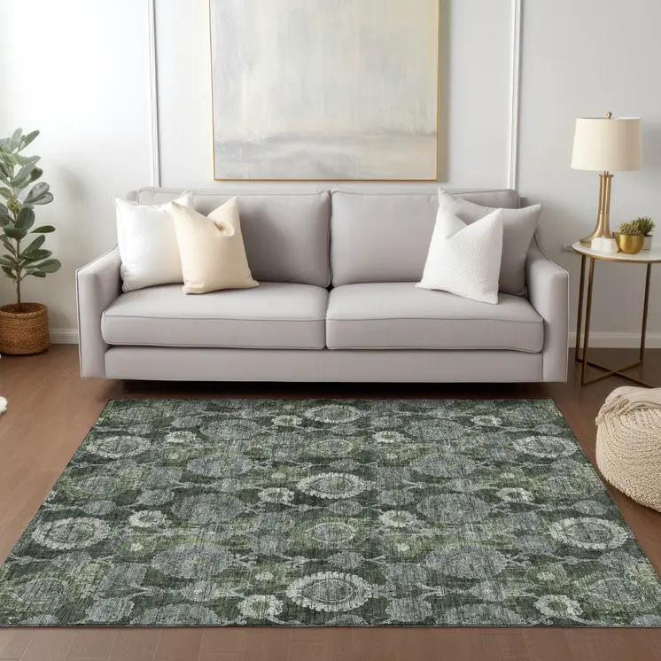 3' X 5' Olive Green And Fern Green Damask Washable Indoor Outdoor Area Rug