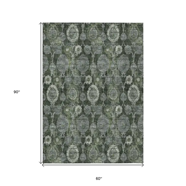 5' X 8' Olive Green And Fern Green Damask Washable Indoor Outdoor Area Rug