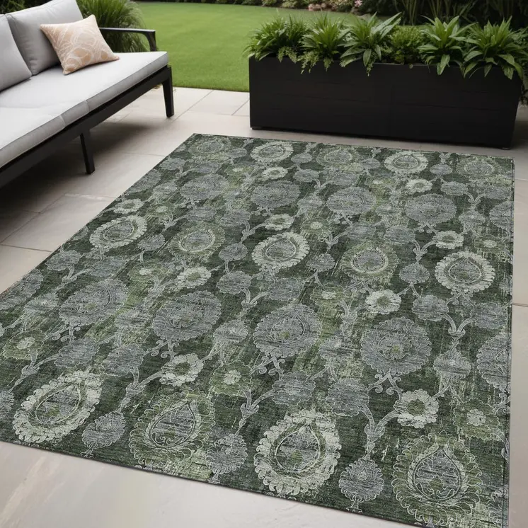 5' X 8' Olive Green And Fern Green Damask Washable Indoor Outdoor Area Rug