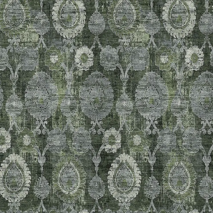 5' X 8' Olive Green And Fern Green Damask Washable Indoor Outdoor Area Rug