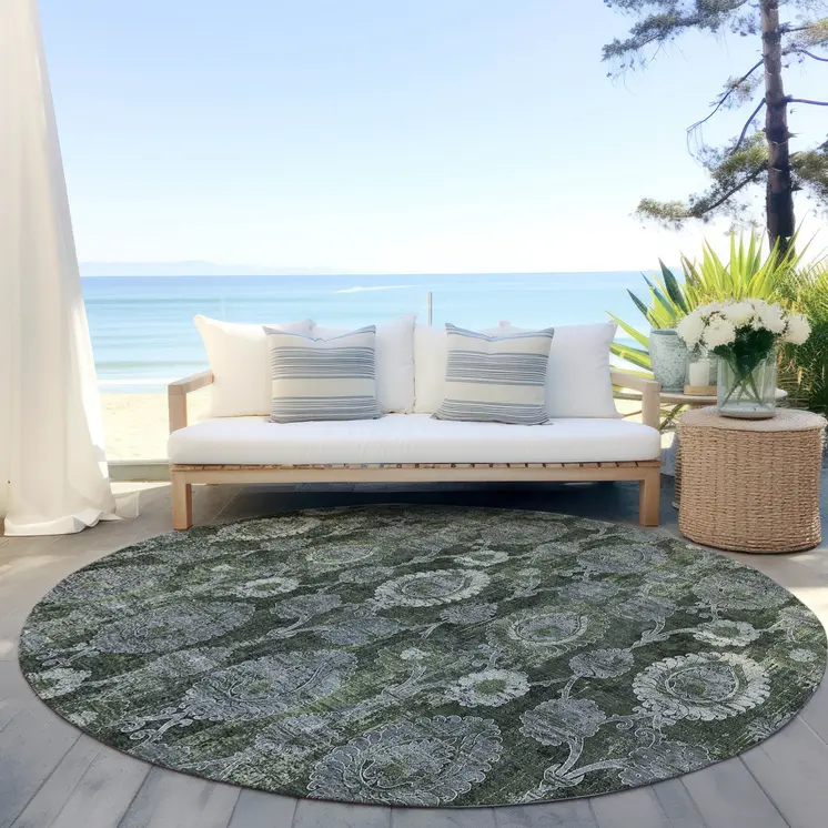 8' Olive Green And Fern Green Round Damask Washable Indoor Outdoor Area Rug