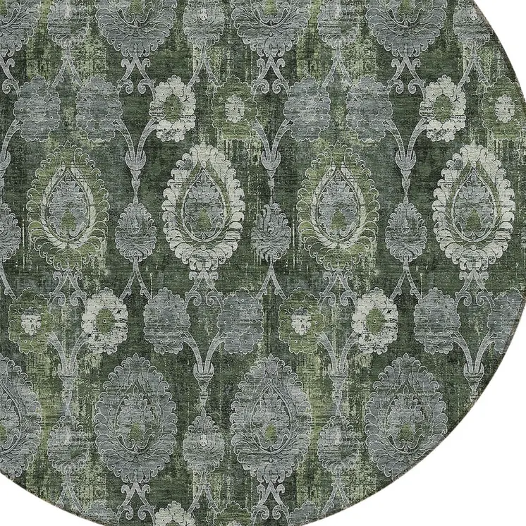 8' Olive Green And Fern Green Round Damask Washable Indoor Outdoor Area Rug