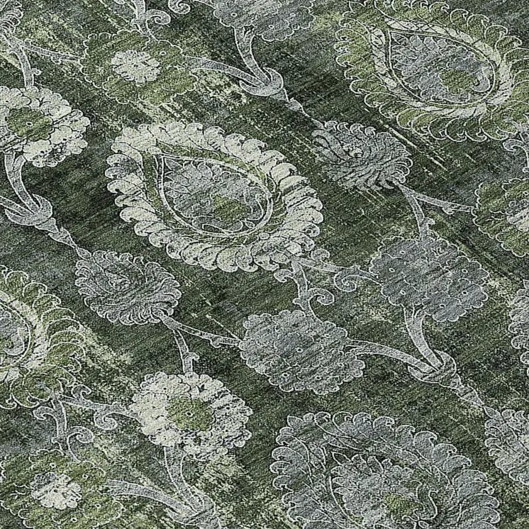 8' Olive Green And Fern Green Round Damask Washable Indoor Outdoor Area Rug