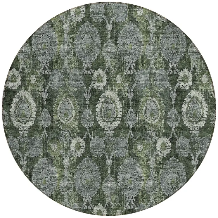 8' Olive Green And Fern Green Round Damask Washable Indoor Outdoor Area Rug