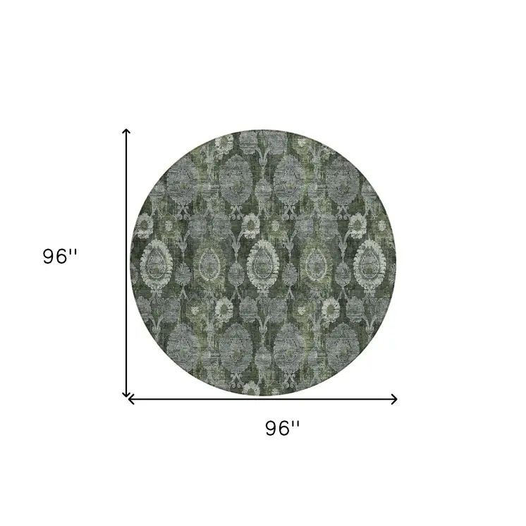 8' Olive Green And Fern Green Round Damask Washable Indoor Outdoor Area Rug