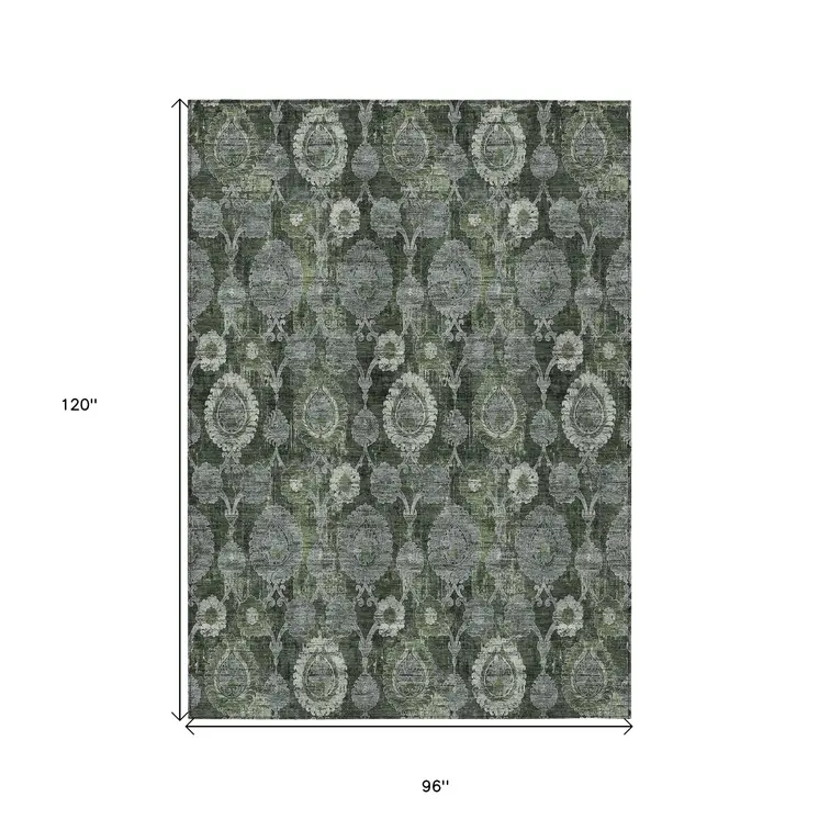 8' X 10' Olive Green And Fern Green Damask Washable Indoor Outdoor Area Rug