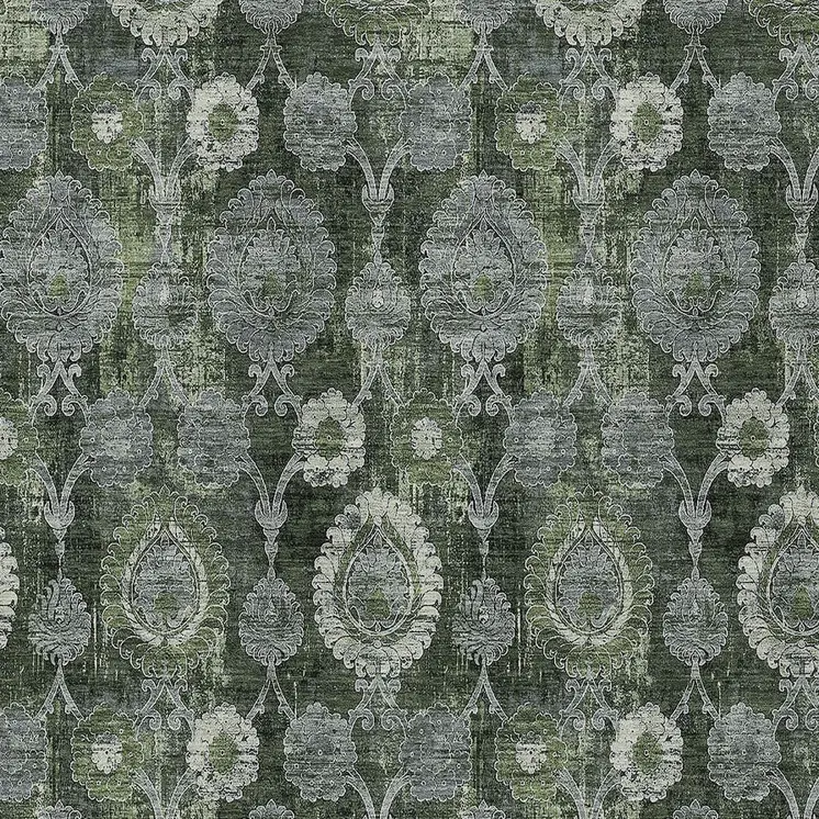 8' X 10' Olive Green And Fern Green Damask Washable Indoor Outdoor Area Rug