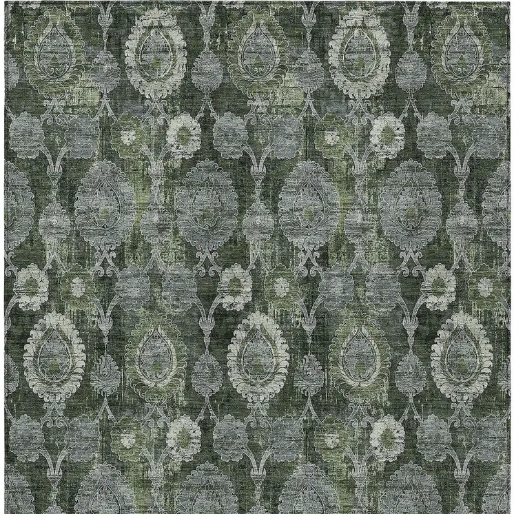 9' X 12' Olive Green And Fern Green Damask Washable Indoor Outdoor Area Rug