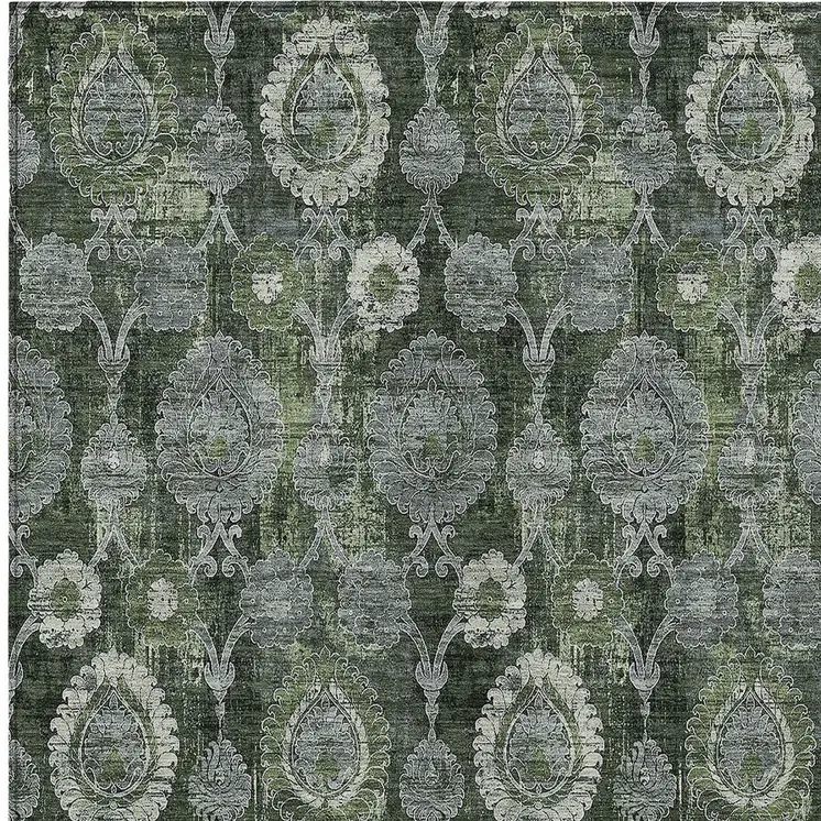9' X 12' Olive Green And Fern Green Damask Washable Indoor Outdoor Area Rug