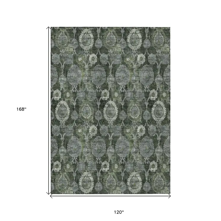 10' X 14' Olive Green And Fern Green Damask Washable Indoor Outdoor Area Rug