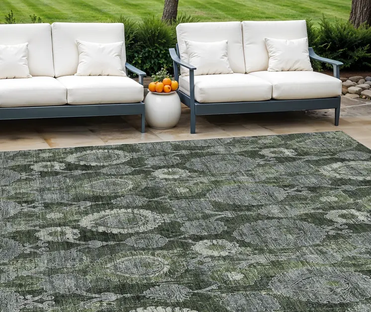 10' X 14' Olive Green And Fern Green Damask Washable Indoor Outdoor Area Rug