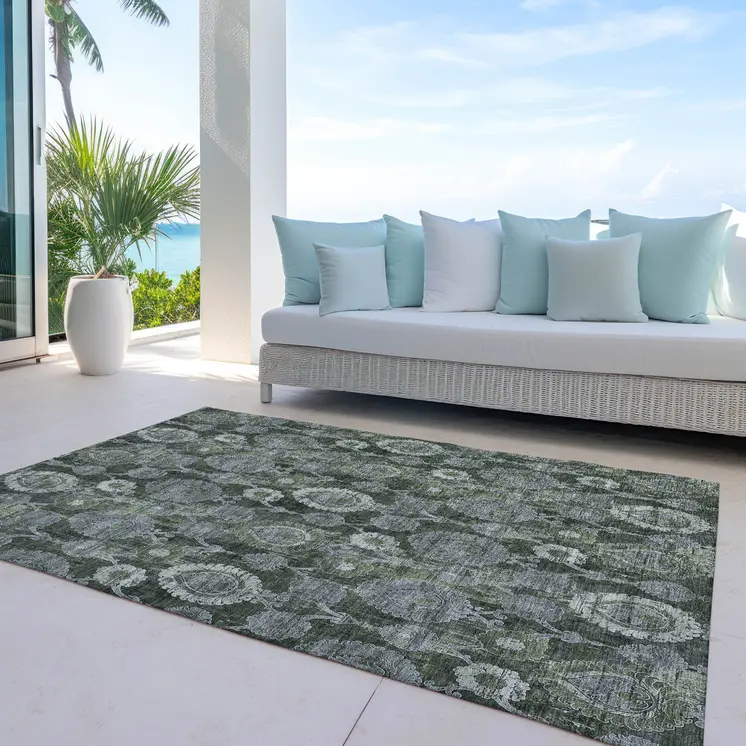 10' X 14' Olive Green And Fern Green Damask Washable Indoor Outdoor Area Rug