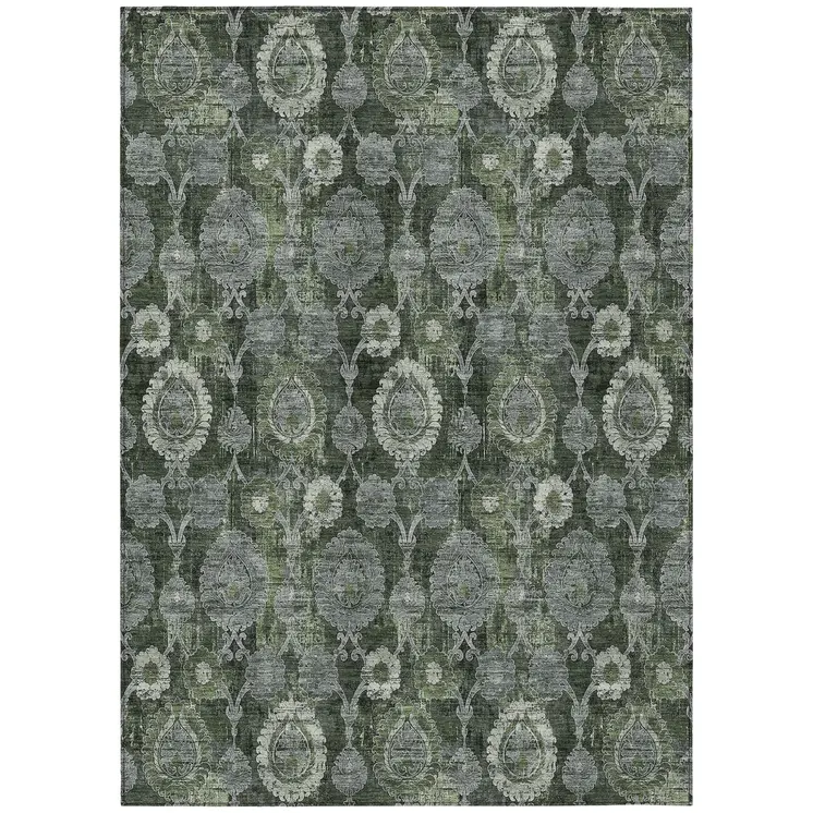 10' X 14' Olive Green And Fern Green Damask Washable Indoor Outdoor Area Rug