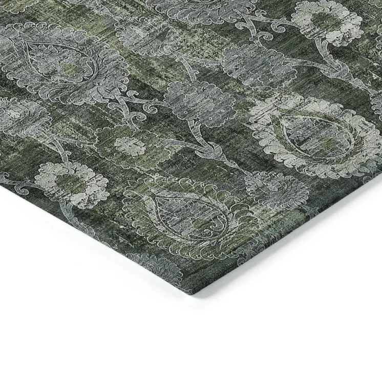 10' X 14' Olive Green And Fern Green Damask Washable Indoor Outdoor Area Rug