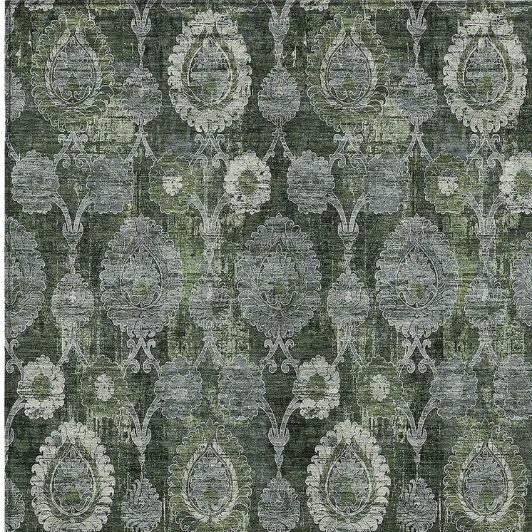 10' X 14' Olive Green And Fern Green Damask Washable Indoor Outdoor Area Rug