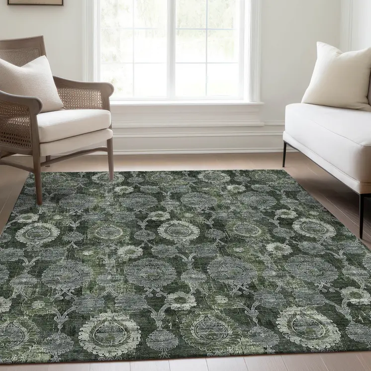 10' X 14' Olive Green And Fern Green Damask Washable Indoor Outdoor Area Rug