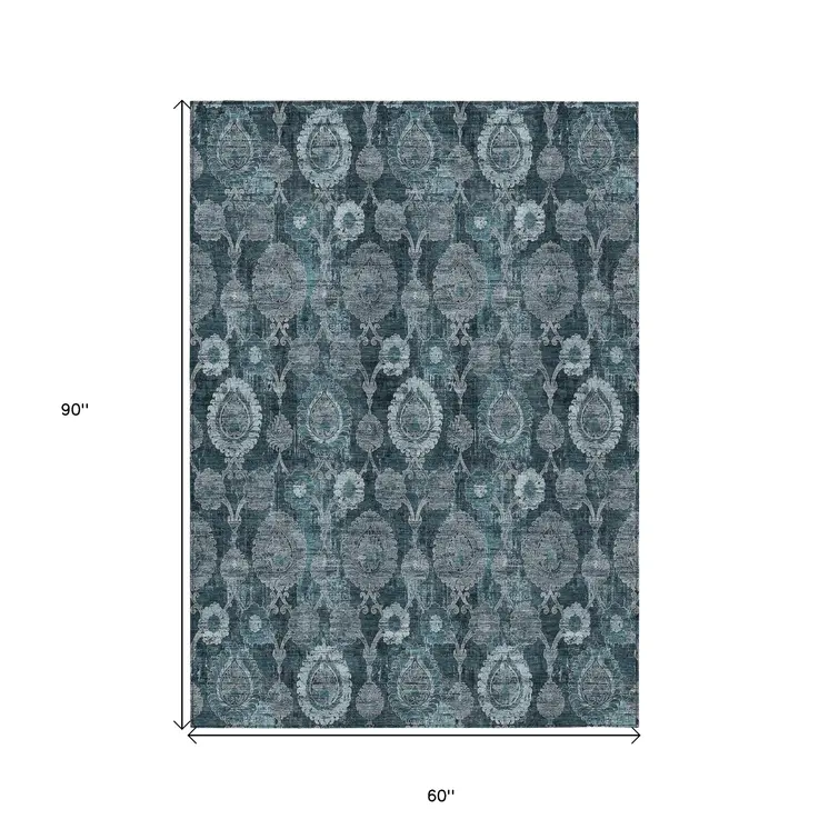 5' X 8' Teal Blue And Sky Blue Damask Washable Indoor Outdoor Area Rug