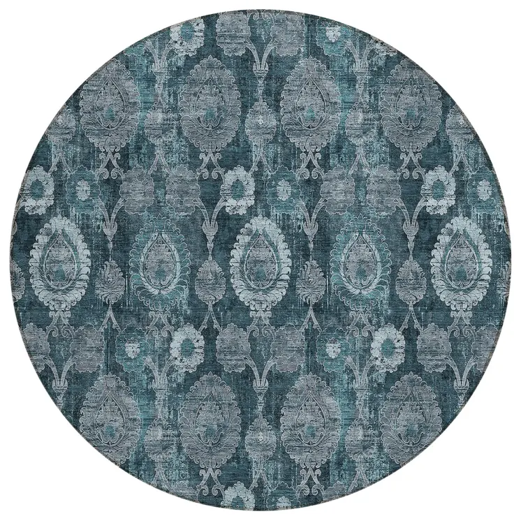 8' Teal Blue And Sky Blue Round Damask Washable Indoor Outdoor Area Rug