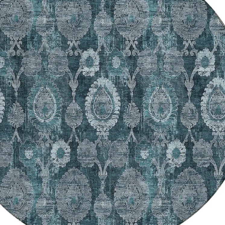 8' Teal Blue And Sky Blue Round Damask Washable Indoor Outdoor Area Rug