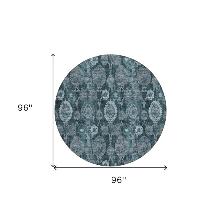 8' Teal Blue And Sky Blue Round Damask Washable Indoor Outdoor Area Rug